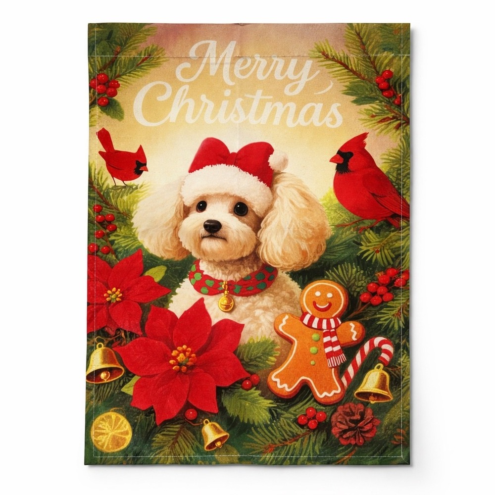 Merry Christmas Poodle Garden Flag 12x18 Winter Holiday Dog Decor Cardinal Red